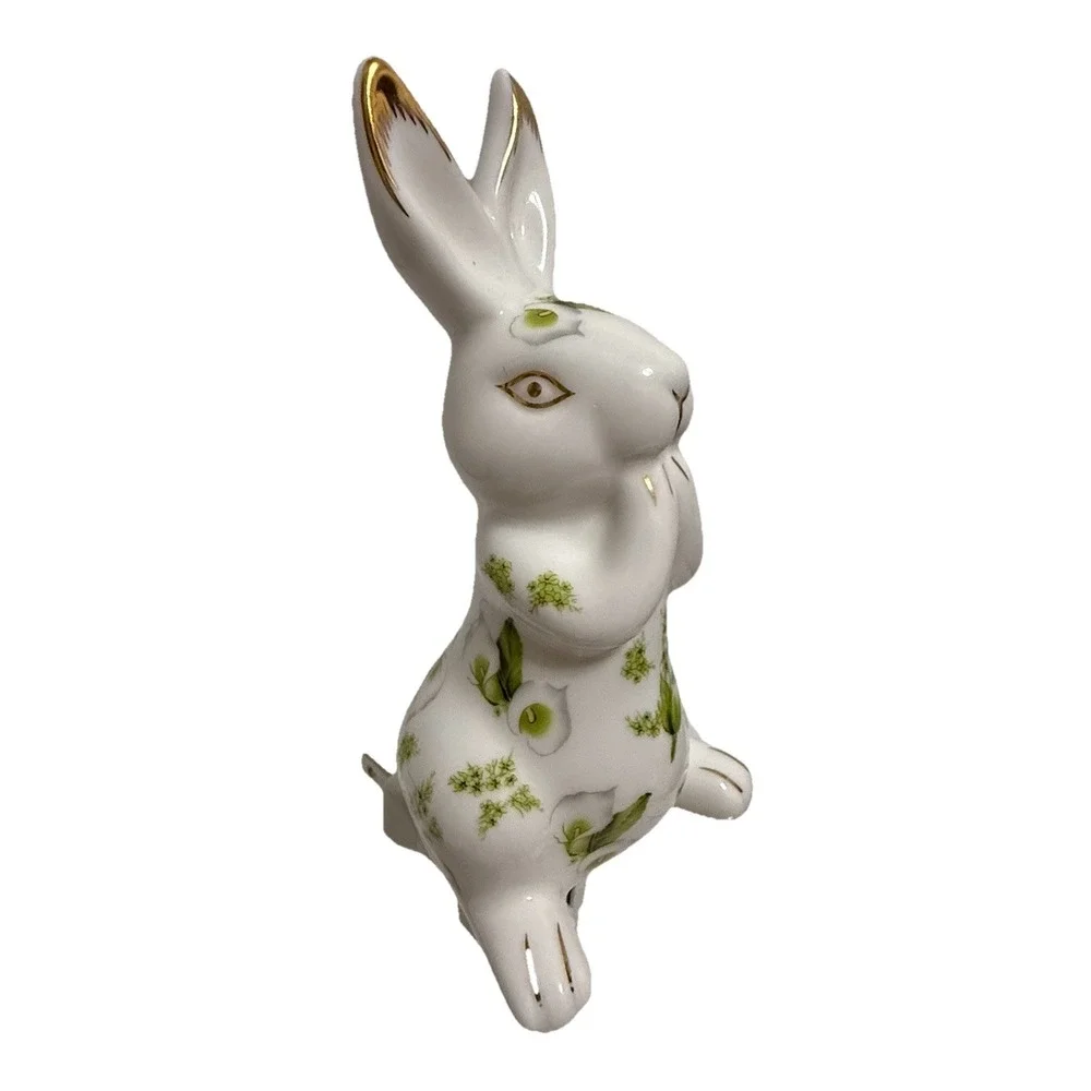 Porcelain Bunny Night Light Green Floral Lily Flowers Gold Accents Nightlight